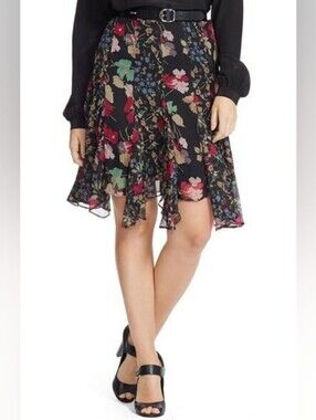 Lauren Ralph Lauren Black Floral Chiffon Godet Skirt Sz 14 NWT